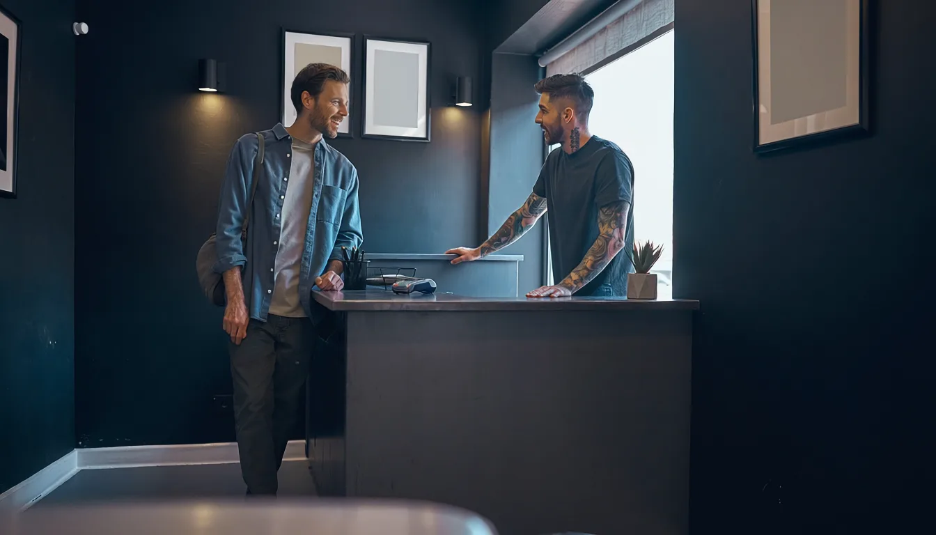 Customer paying at the counter of an independent studio